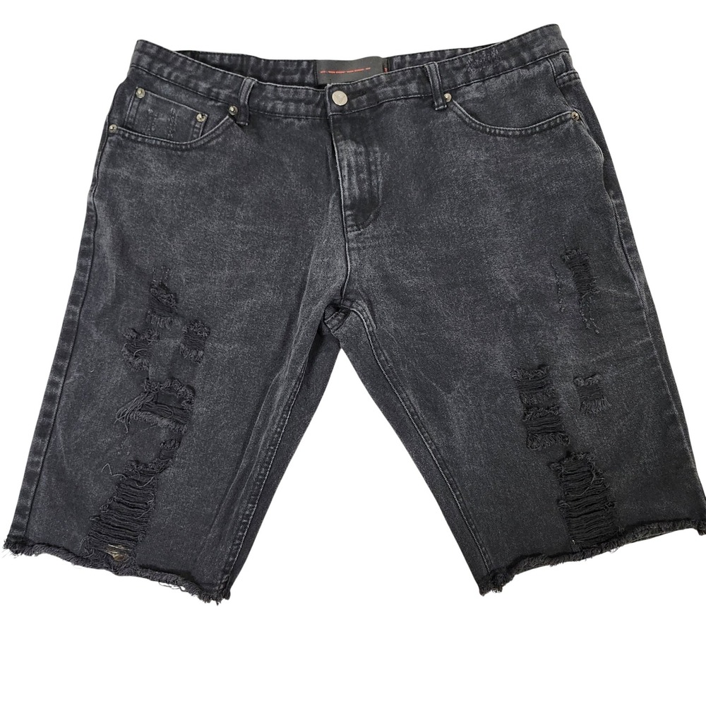 Black Pyramid Distressed Black Denim Shorts Mens Raw Hem Ripped Streetwear 38